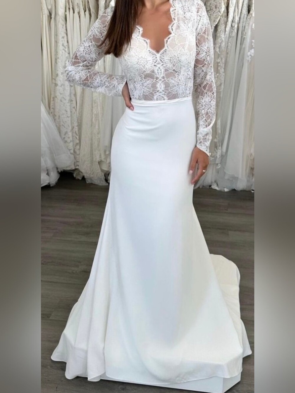 Oxford Street Elegant White Lace Bodice Long-Sleeve Wedding Dress Size 10 Nwot